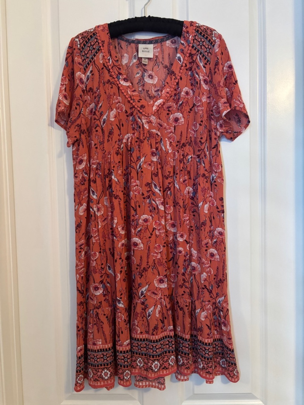 Knox Rose -  Coral Floral Midi Dress with Border Hem. Rayon. Size M